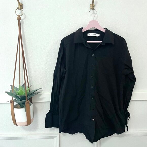 Nu-In Tie Cuff Oversized Poplin Shirt Black Cotton Size M - Picture 2 of 5